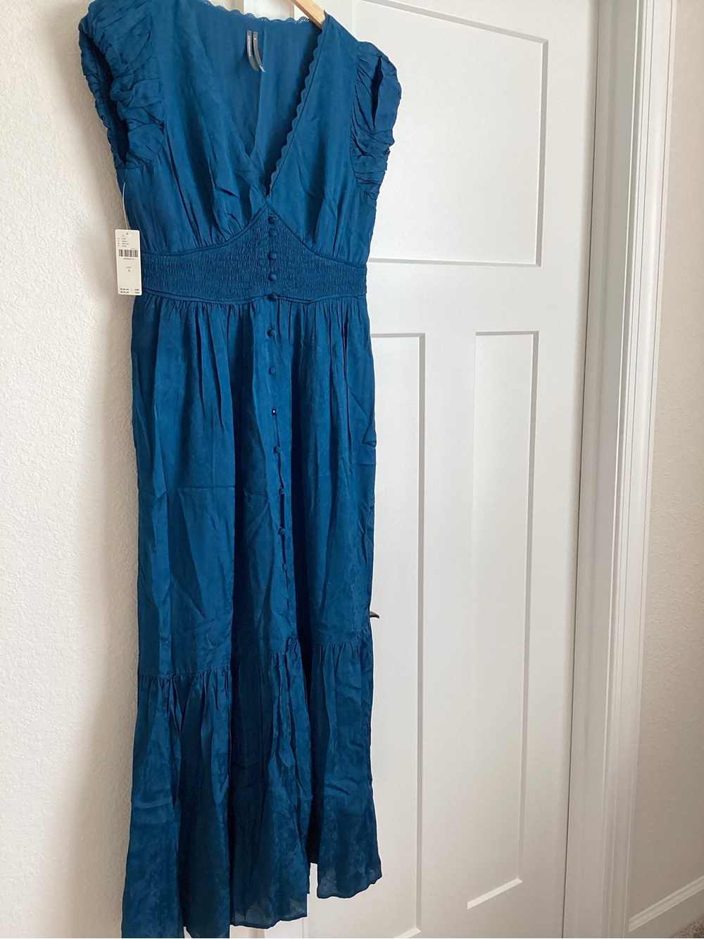 Anthropologie Peregrine V-Neck Midi Dress Silken Cap Sleeve Small Deep Sea Blue - Picture 5 of 15